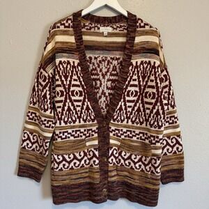 Lucky Brand Southwest Boho‎ Oversized Cardigan Sweater Aztec Print Size Large